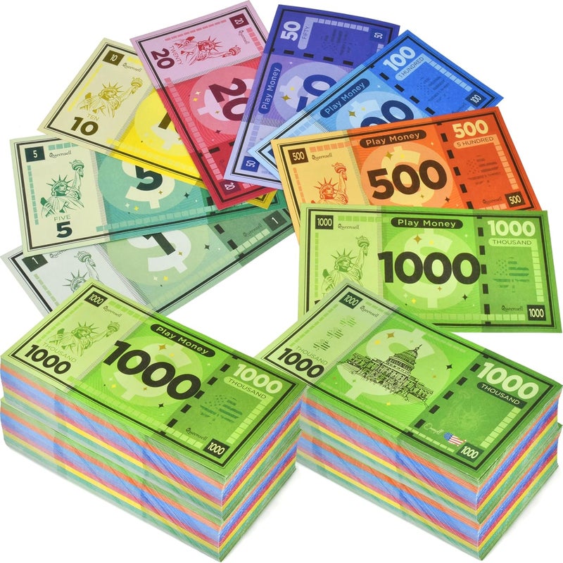Queensell Play Money Suitable for Monopoly Board Game – 480 pcs of 60 Each Bill Denomination – Double Sides Printing Paper Money for Pretend Play Cashier - 480 pcs - Image 1